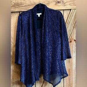 Dress Barn Shimmer Metallic Navy Blue top with Faux Tank Underneath. Size M